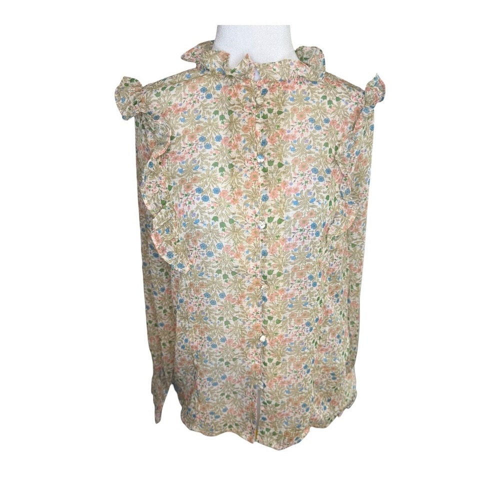 VILA VIJOE FRILL TOP KA Birch AOP FLOWER Size 36 US Size 4 NWT‎
